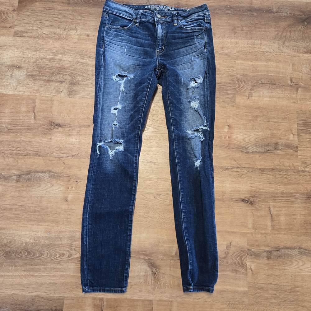 American Eagle Outfitters Blue Distressed Skinny Jeans Jeggings Size 10 Long